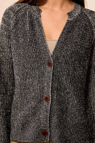 Cotton Marbled Notch Neck Button Cardigan Black