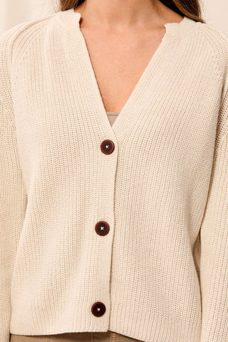 Cotton Marbled Notch Neck Button Cardigan Oatmeal