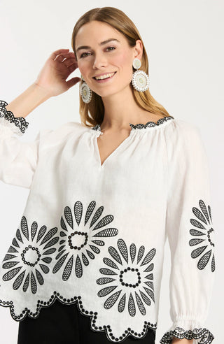 Kelsey Linen Embroidered Top Black & White