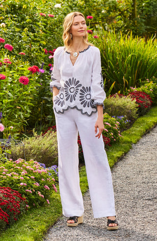 Kelsey Linen Embroidered Top Black & White
