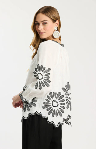 Kelsey Linen Embroidered Top Black & White