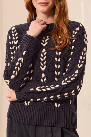 Contrast Lace-Up Cable Knit Mock Neck Sweater Sapphire