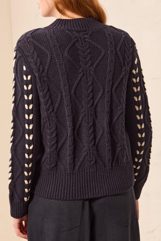 Contrast Lace-Up Cable Knit Mock Neck Sweater Sapphire