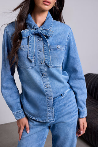 Self Tie Bow Button Front Denim Blouse Campusblue