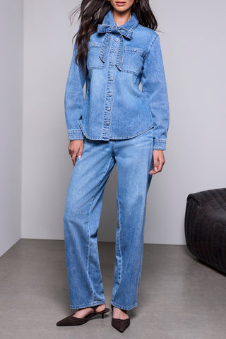 Self Tie Bow Button Front Denim Blouse Campusblue