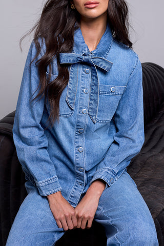 Self Tie Bow Button Front Denim Blouse Campusblue
