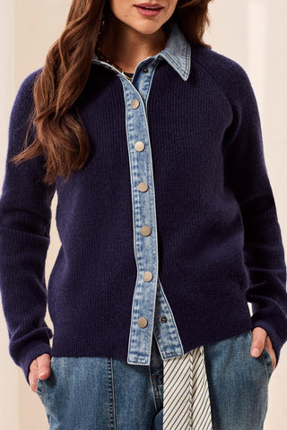 Mixed Media Sweater Jacket With Denim Detail Nightfall