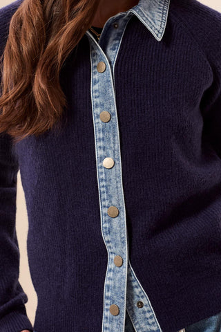 Mixed Media Sweater Jacket With Denim Detail Nightfall