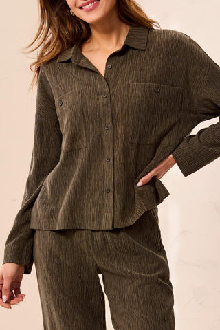 Crinkle Long Sleeve Button Front Shirt Basil