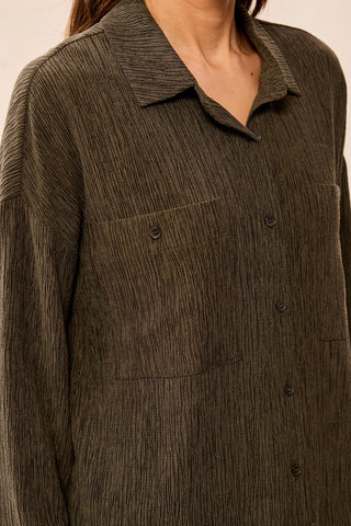 Crinkle Long Sleeve Button Front Shirt Basil