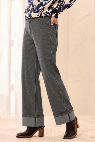Lightweight Stripped Wide Leg Cuffed Ankle Pants Sapphire