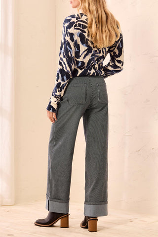 Lightweight Stripped Wide Leg Cuffed Ankle Pants Sapphire