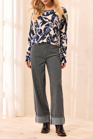 Lightweight Stripped Wide Leg Cuffed Ankle Pants Sapphire