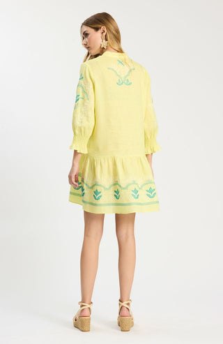 Nikki Linen Embroidered Dress Sunny Lime
