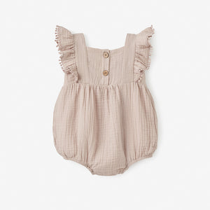 TAUPE EMBROIDERED ORGANIC MUSLIN BUBBLE ROMPER