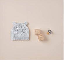 Load image into Gallery viewer, PALE BLUE LEAF KNIT BABY HAT WITH EARS