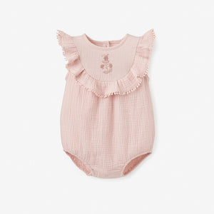 PINK FLORAL EMBROIDERED ORGANIC MUSLIN BUBBLE ROMPER