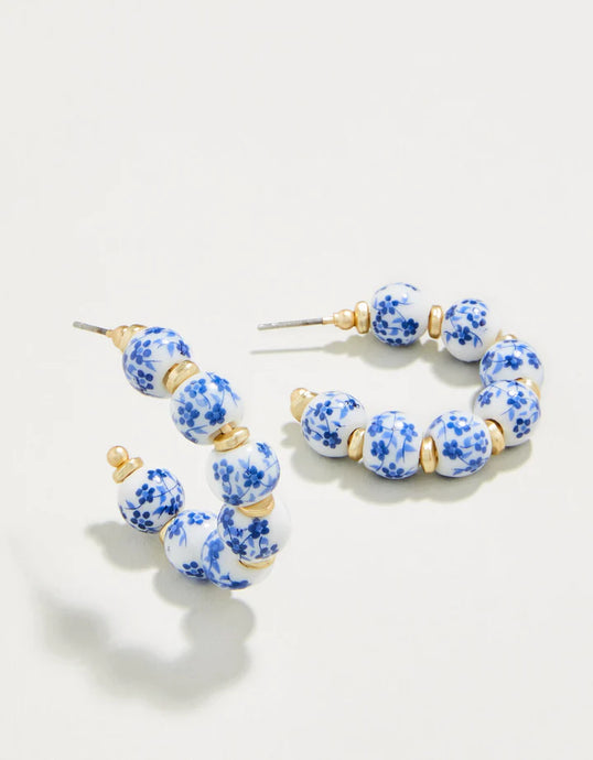 Annabelle Beaded Hoop Earrings Blue Flowers