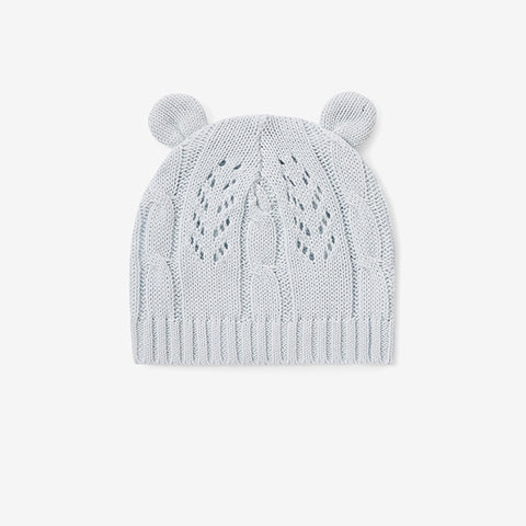 PALE BLUE LEAF KNIT BABY HAT WITH EARS
