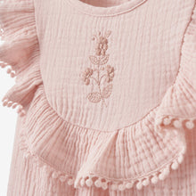 Load image into Gallery viewer, PINK FLORAL EMBROIDERED ORGANIC MUSLIN BUBBLE ROMPER