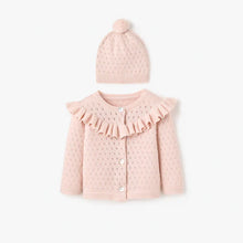 Load image into Gallery viewer, RUFFLE SWEATER POINTELLE CARDIGAN &amp; HAT SET