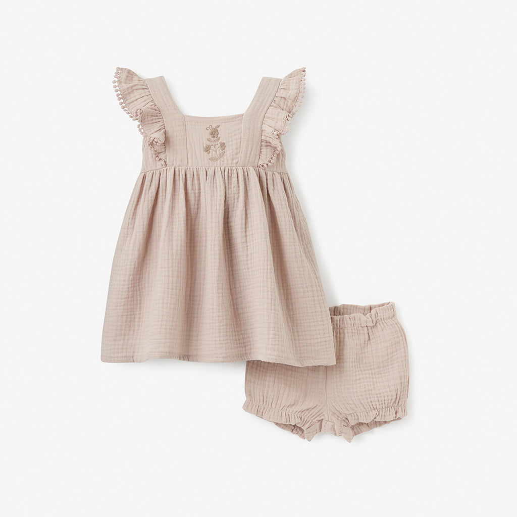 Taupe Embroidered Organic Muslin Set